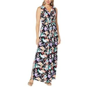IMAN Maxi Dress‎ MT Tropical Floral Twist Front Sleeveless Black Multi Color